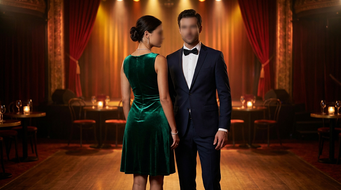 Anonymous man in navy suit and woman in emerald velvet dress stand in a dimly lit cabaret with red curtains and warm lights.