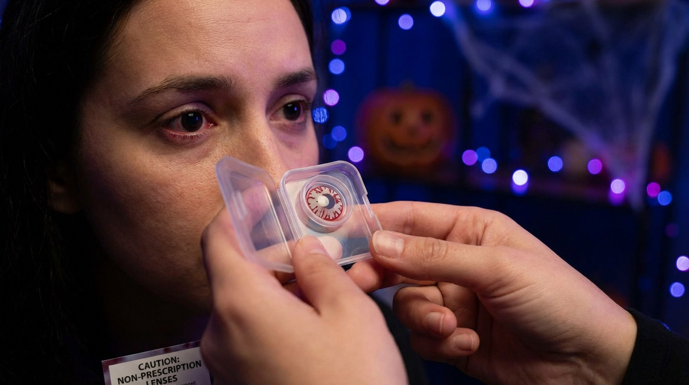 Close-up of eye with slight redness. Hands hold decorative Halloween contact lens in case. Blurred Halloween decor in background.