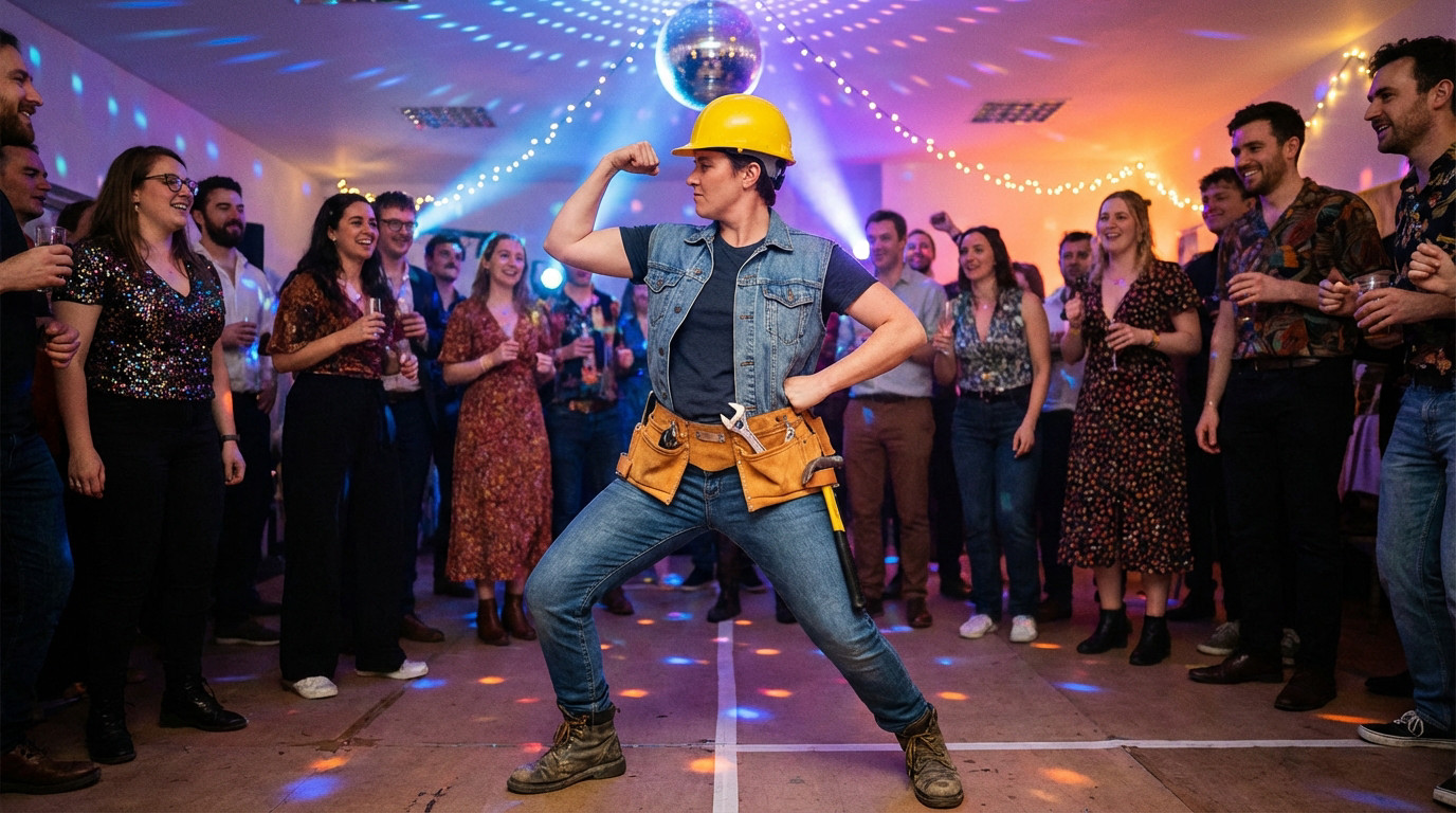 Construction Worker Disco Celebration Person in a yellow hard hat, denim vest, jeans, and tool belt, striking a confident pose at a vibrant disco party with colorful lights.