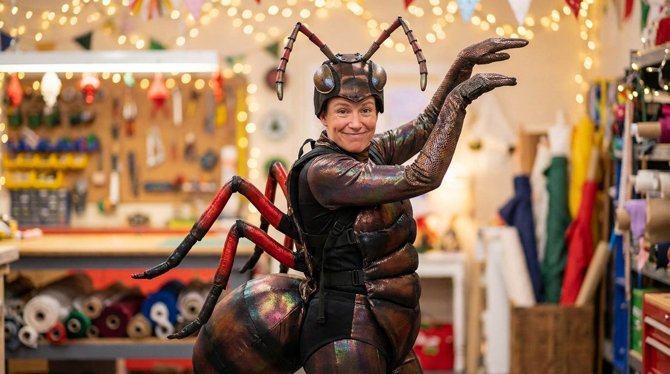 Adult in a detailed, iridescent ant costume with segmented body, six legs, and antennae, smiling playfully in a festive workshop.