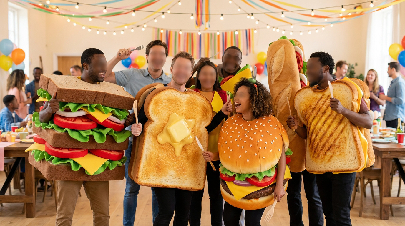 A group of anonymous individuals in detailed sandwich, toast, burger, and grilled cheese costumes at a vibrant party.