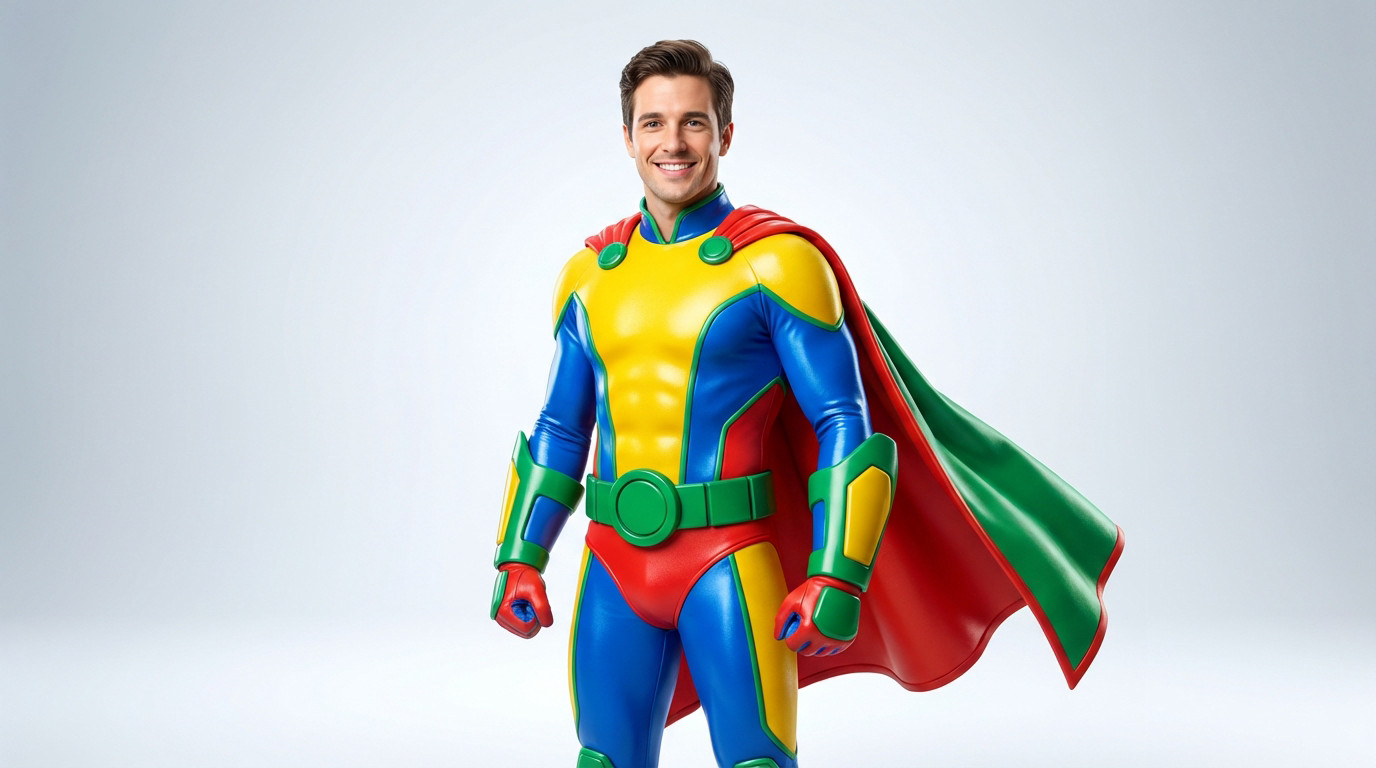 Photo-realistic image of a smiling man in a vibrant, cartoon-inspired superhero costume with primary colors, posing confidently in a studio.
