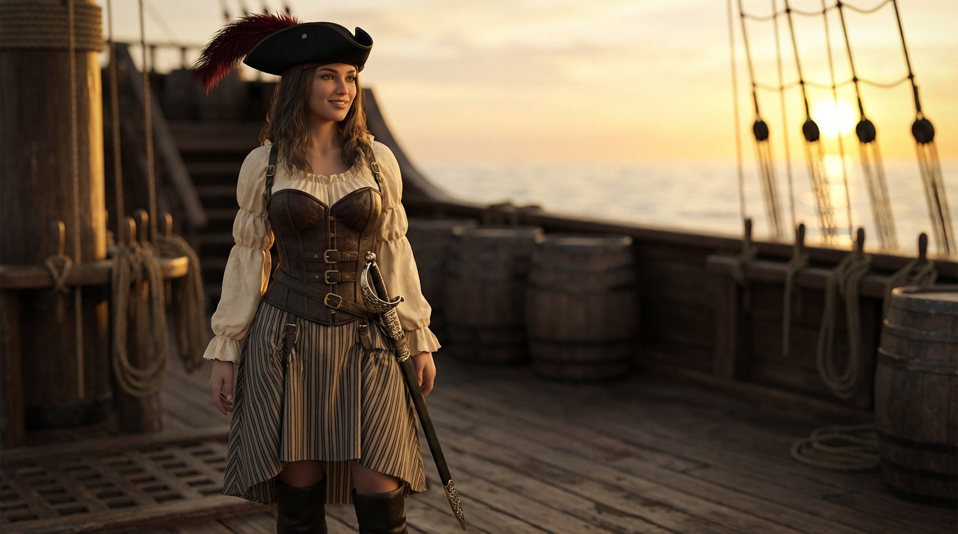 Young woman in a sophisticated pirate costume (ruffled blouse, corset, striped skirt, boots, tricorne hat) on a ship deck at sunset.