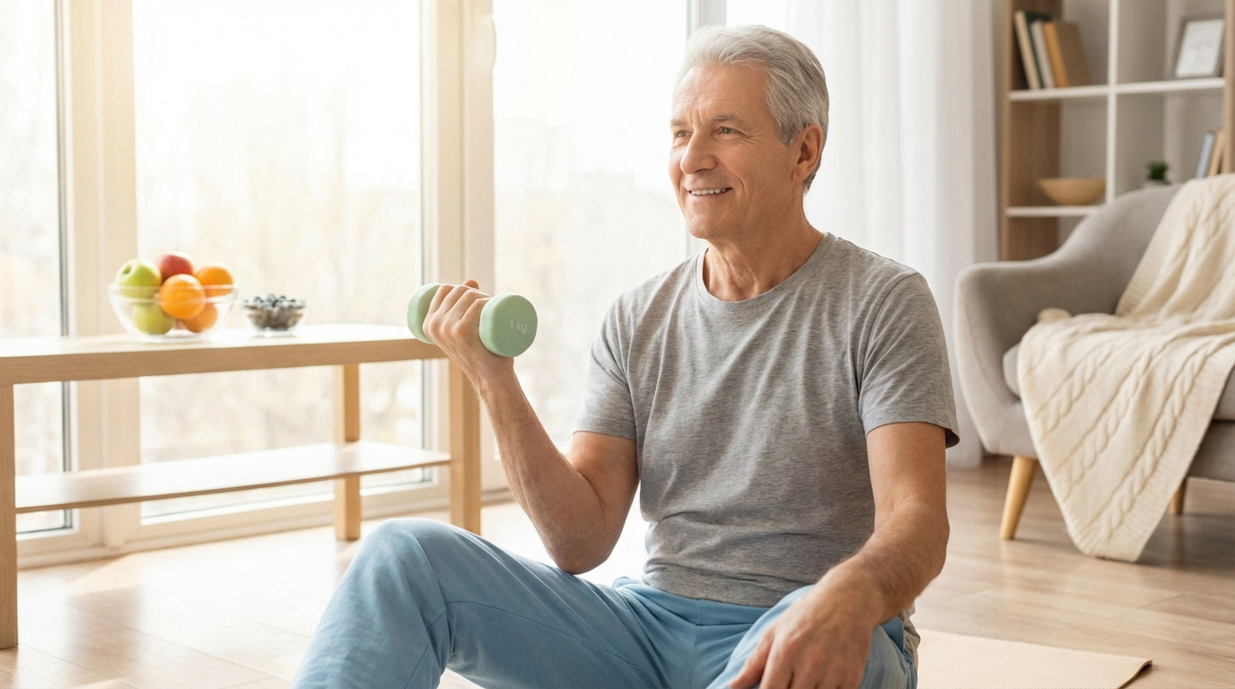 A smiling senior man, around 70, does a gentle bicep curl with a light green dumbbell in a bright living room, surrounded by healthy elements.