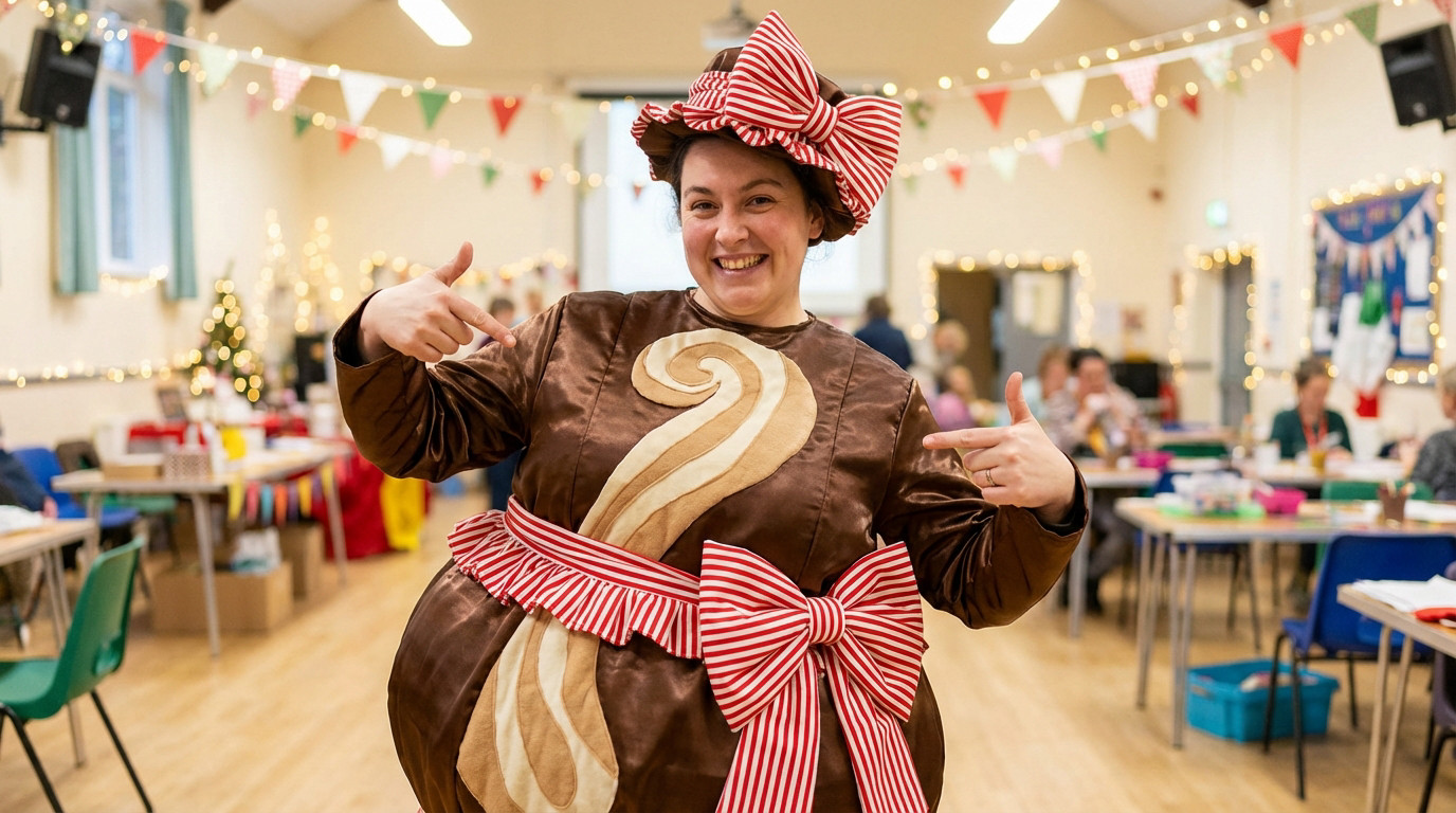 Joyful woman in glossy brown candy costume with creamy swirl, red/white bows, pointing proudly in a festive, brightly lit room.