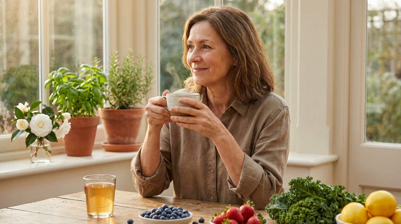 Smiling mature woman sips steaming tea in a bright conservatory, surrounded by fresh produce, herbs, and natural light.