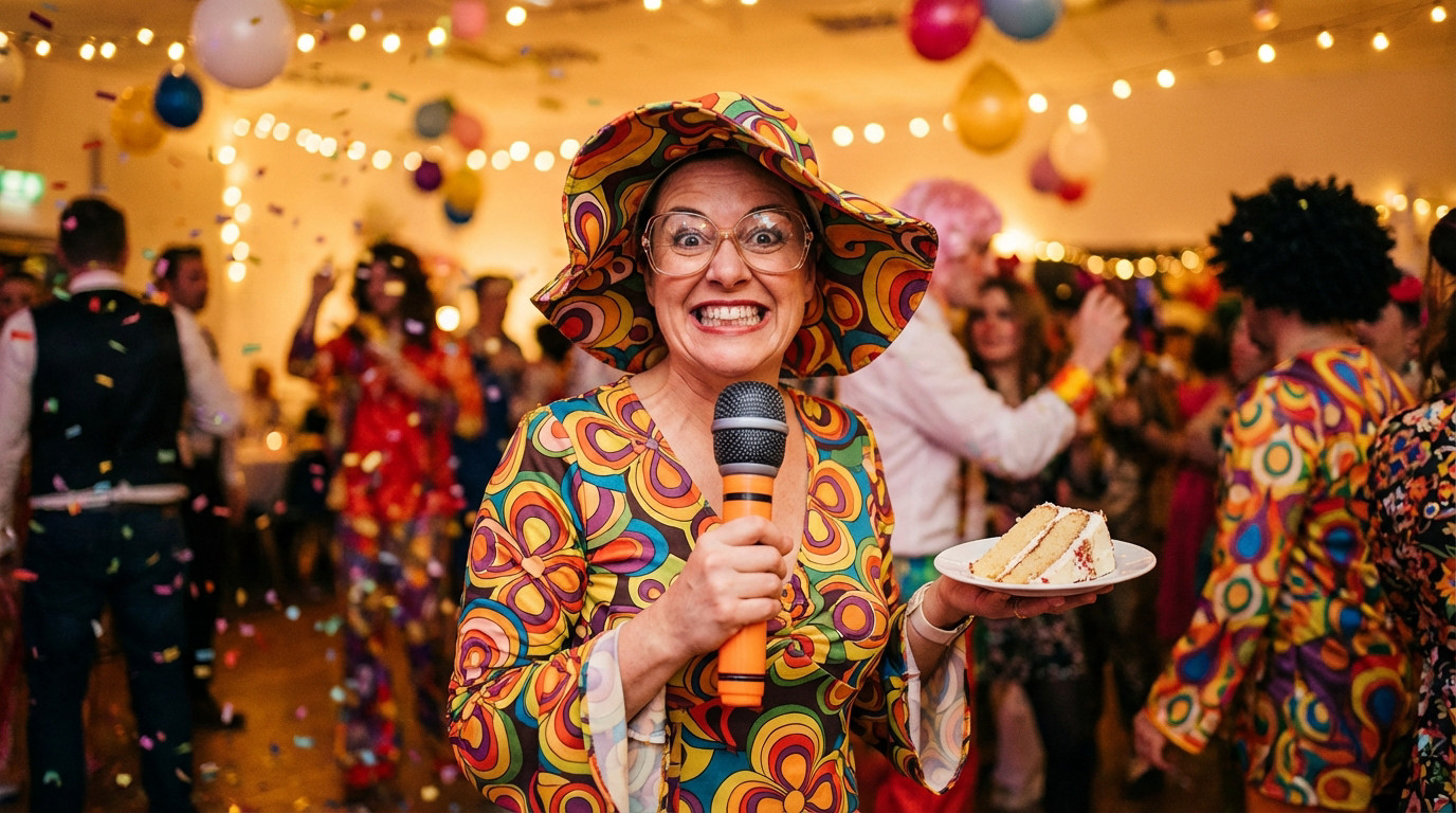 A woman in a vibrant retro dress and hat, with large glasses and a wide smile, holds a microphone and cake slice at a lively costume party with confetti.