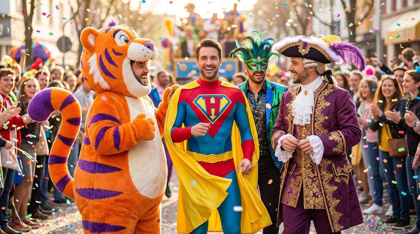 Three men in vibrant carnival costumes: a superhero, a tiger mascot, and a historical figure, smiling amidst falling confetti and a joyful crowd.