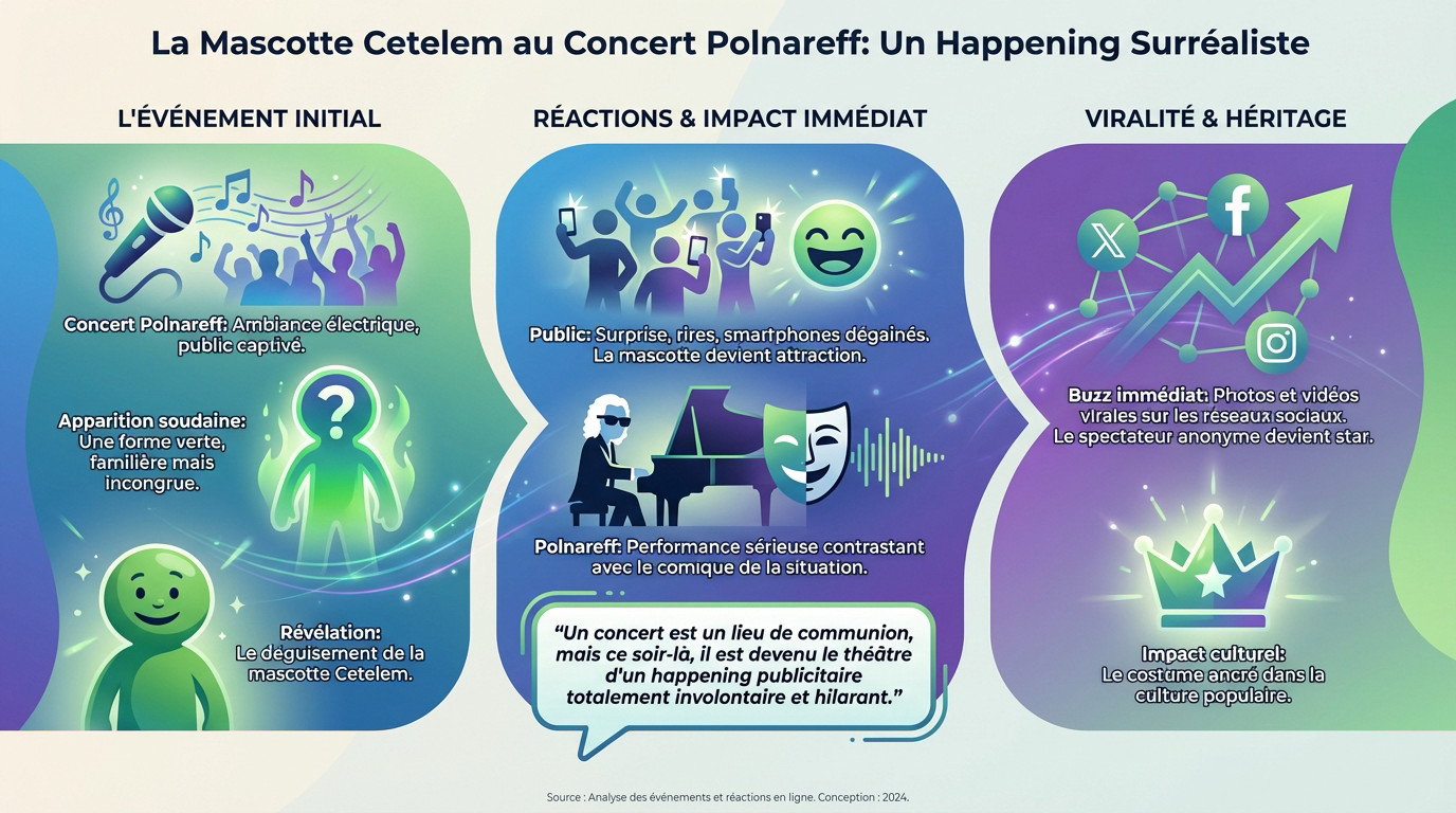 Spectateur déguisé en mascotte verte Cetelem au milieu de la foule lors d'un concert de Michel Polnareff