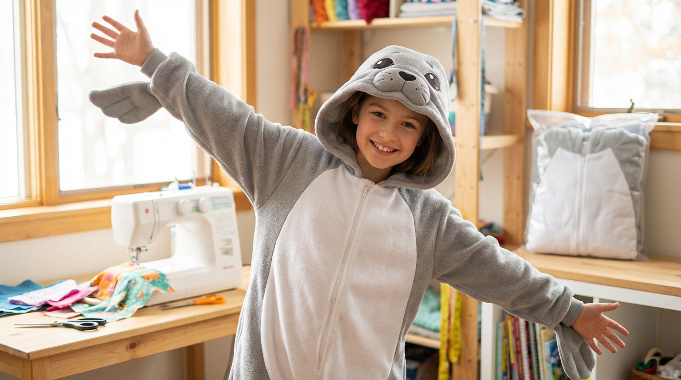 A joyful child in a grey and white seal kigurumi poses with arms outstretched. A sewing machine and fabric are on the left, a packaged kigurumi on the right.