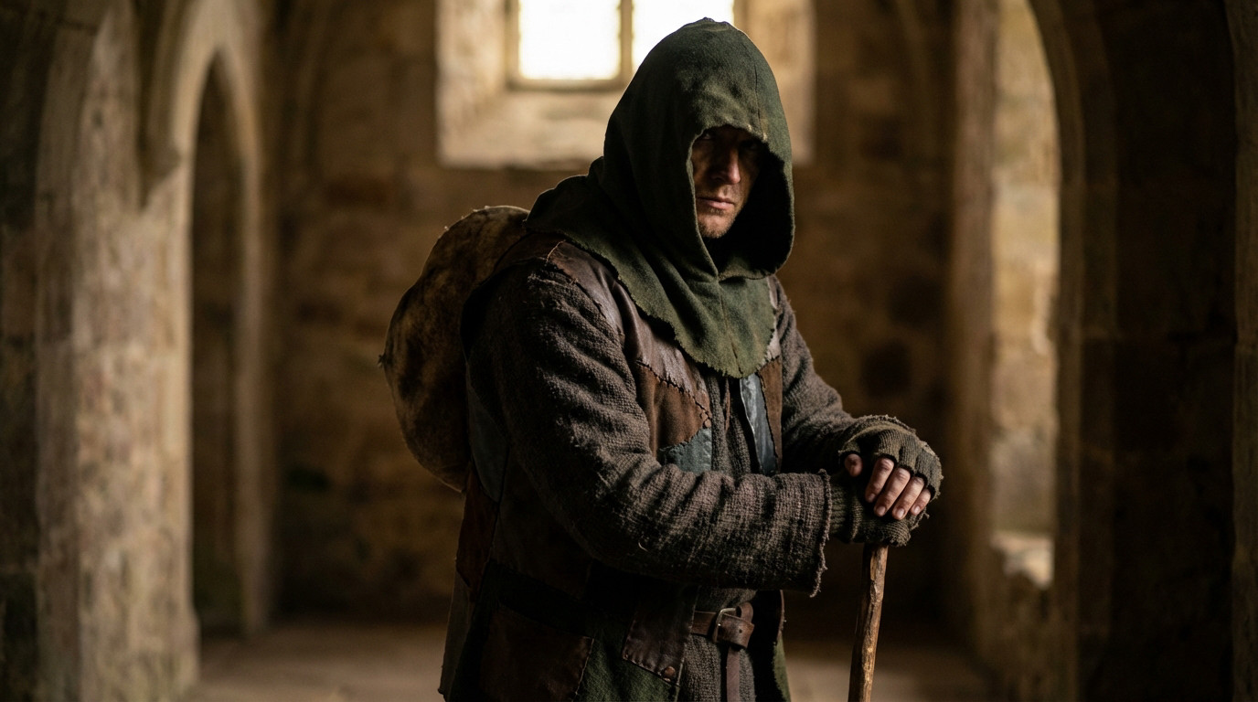 Photorealistic image of a person in a dark green hooded medieval tunic with a prosthetic hump, holding a staff in a stone archway.