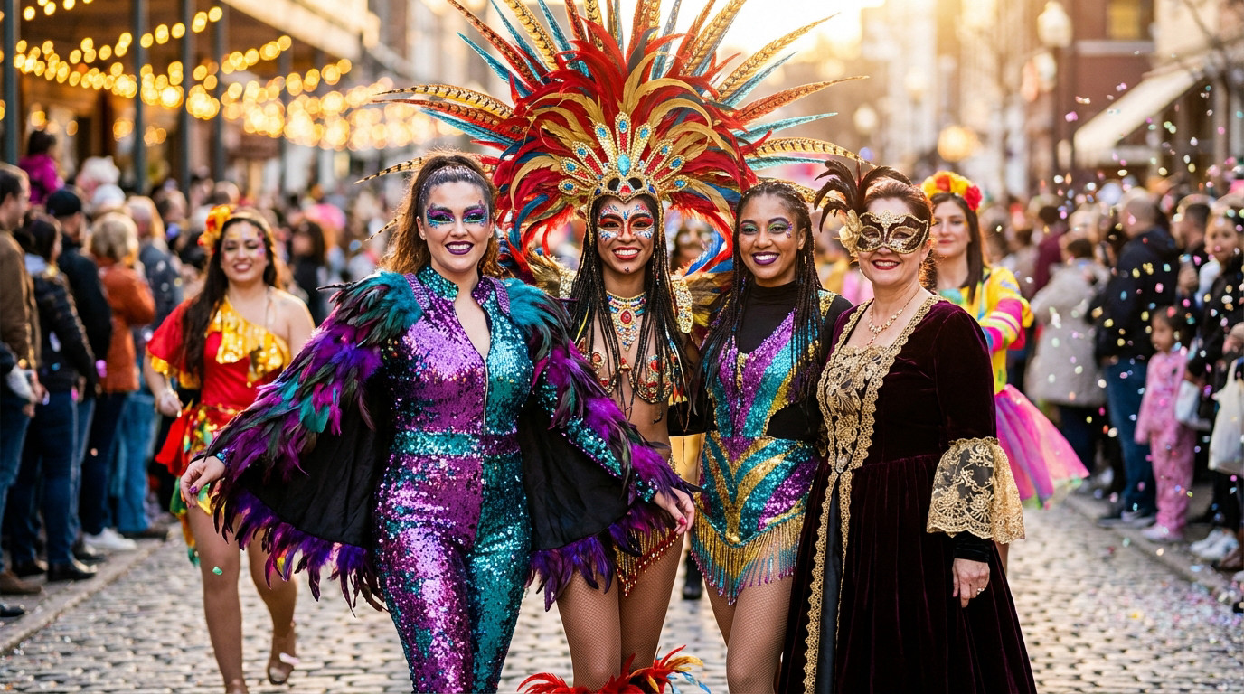 Five women in elaborate, colorful carnival costumes smile during a parade with confetti falling and bokeh lights in the background.