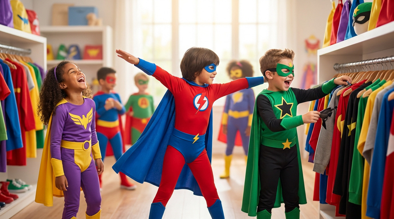 A joyful scene of diverse children, 5-10, in colorful generic superhero costumes in a bright shop. One poses, one laughs, one explores.