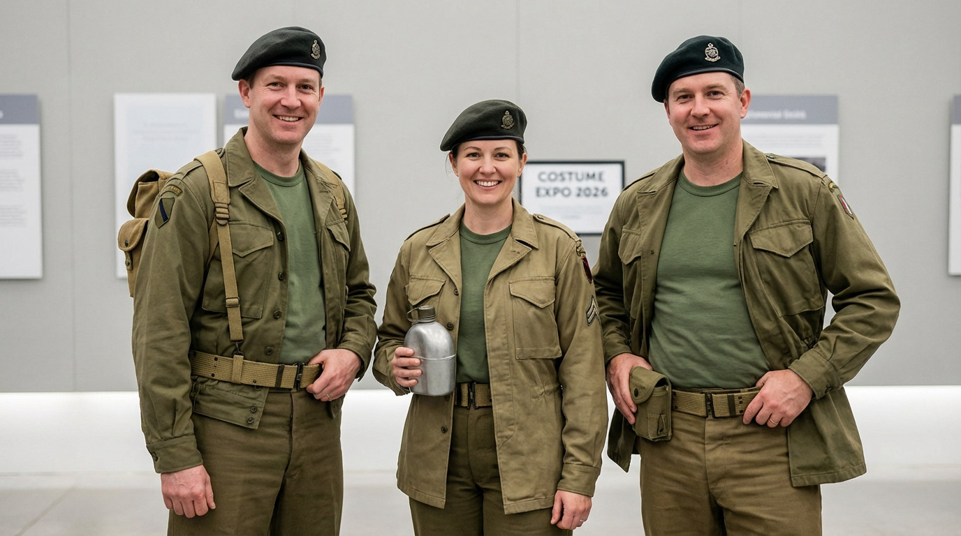 Trois personnes souriantes en uniformes militaires kaki style 7ème Compagnie, avec bérets et équipement d'époque, devant un panneau "Costume Expo 2026".