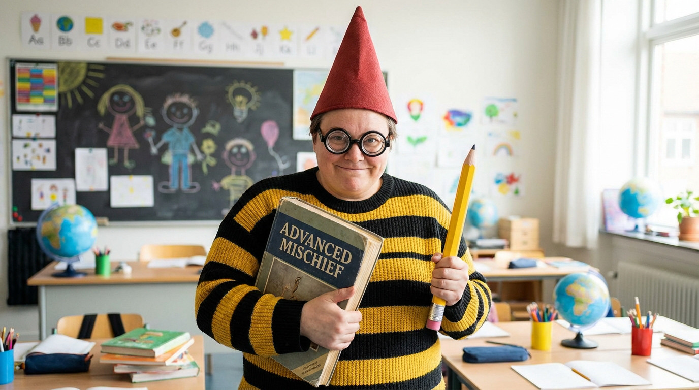 Ducobu adulte : Maîtrise avancée des bêtises Personne déguisée en Ducobu adulte avec bonnet d'âne rouge, pull rayé, lunettes, tenant un livre "Advanced Mischief" et un crayon géant.