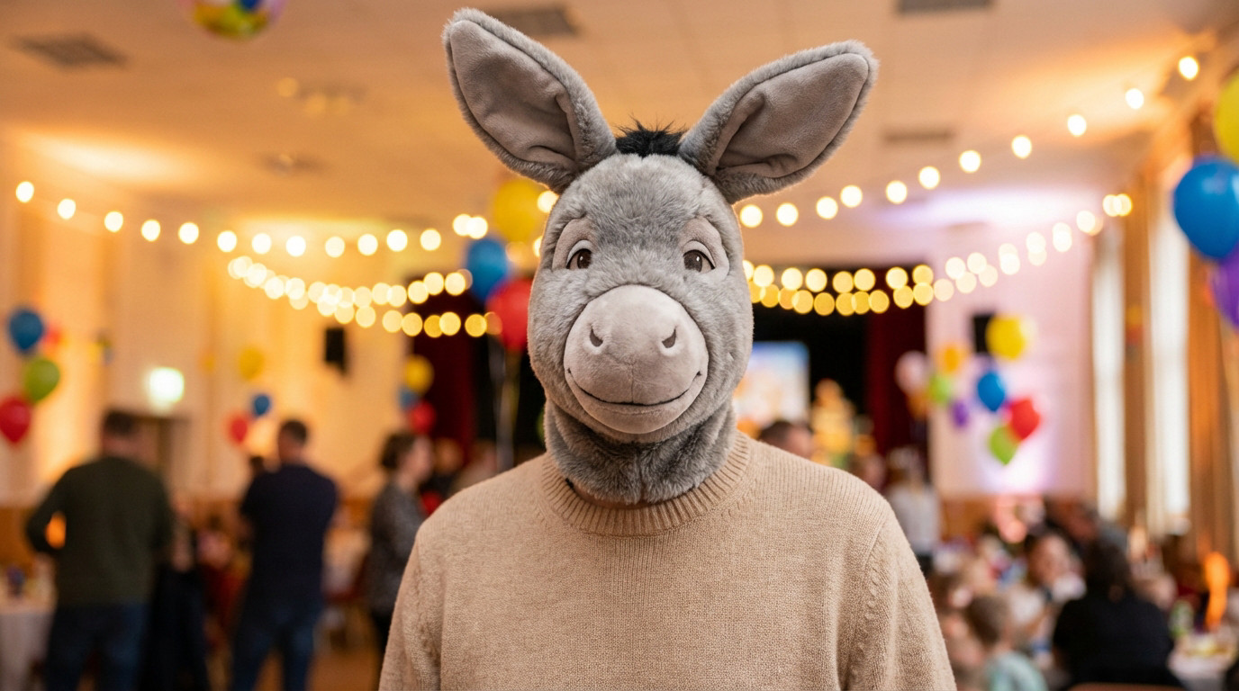 Personne portant un costume de l'Âne de Shrek (tête de peluche grise, pull beige) lors d'une fête décorée de lumières et ballons.