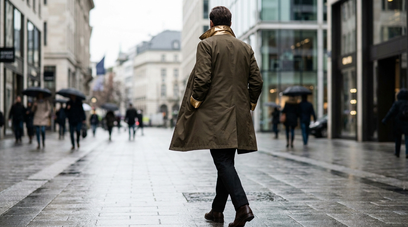 Person in reversible khaki raincoat with golden lining strides confidently on a wet city street, blurred urban backdrop.