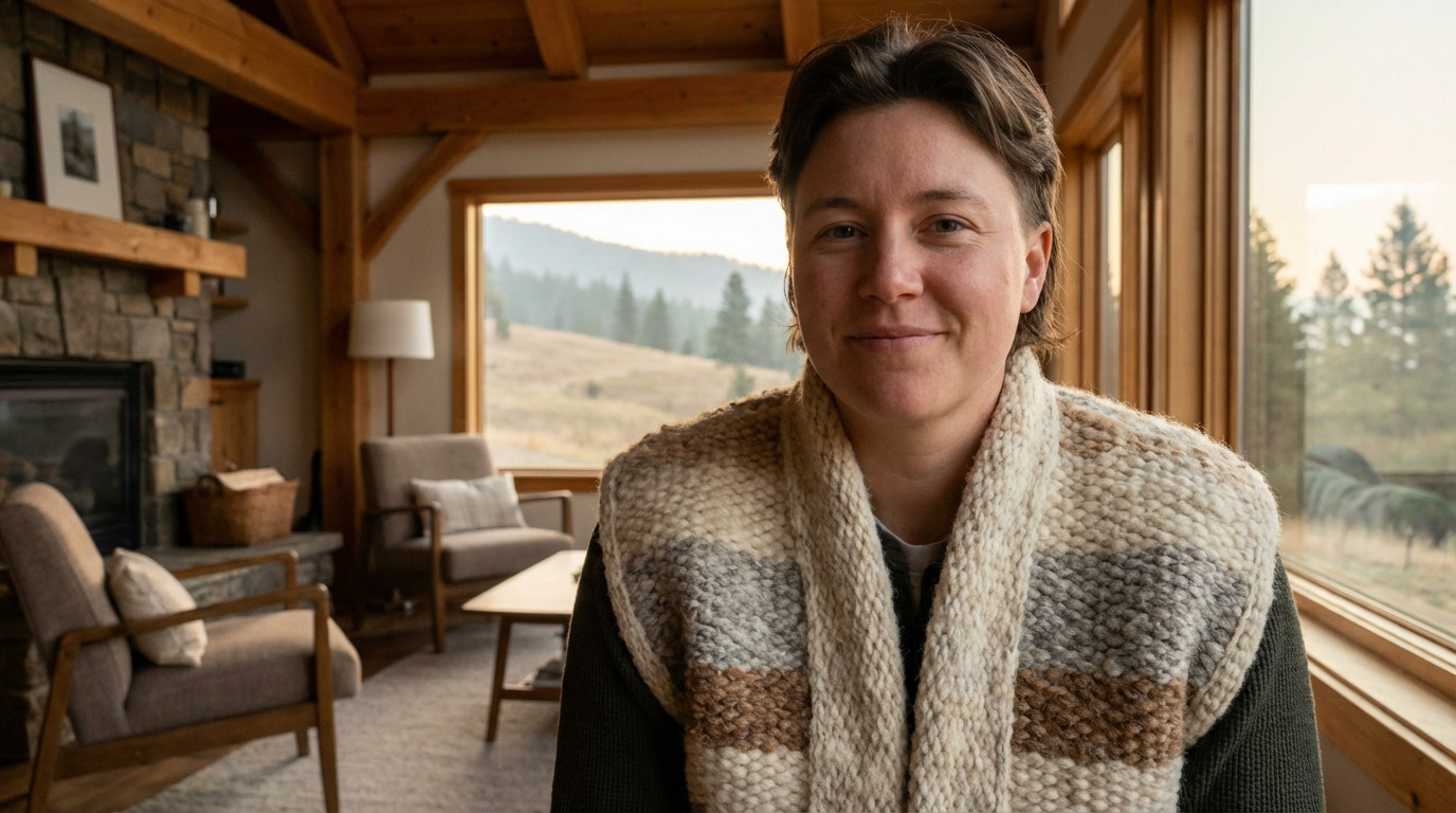 Gender-neutral individual in a thick, textured sheep wool vest, smiling serenely in a cozy rustic cabin with a misty landscape view.