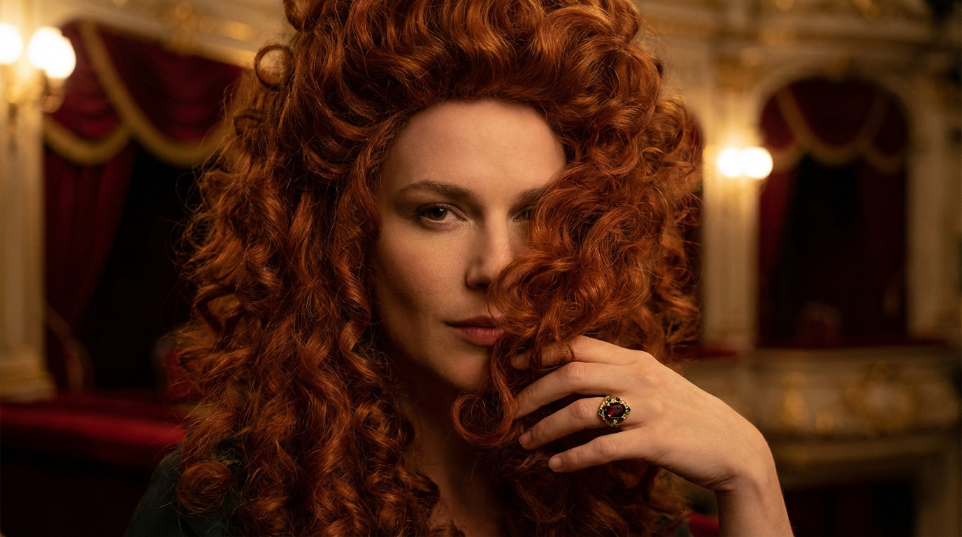 Perruque Castafiore : Style Diva aux Boucles Rousses Femme avec une perruque rousse bouclée volumineuse, regardant l'objectif. Elle porte une bague à grosse pierre rouge. Fond de théâtre flou.