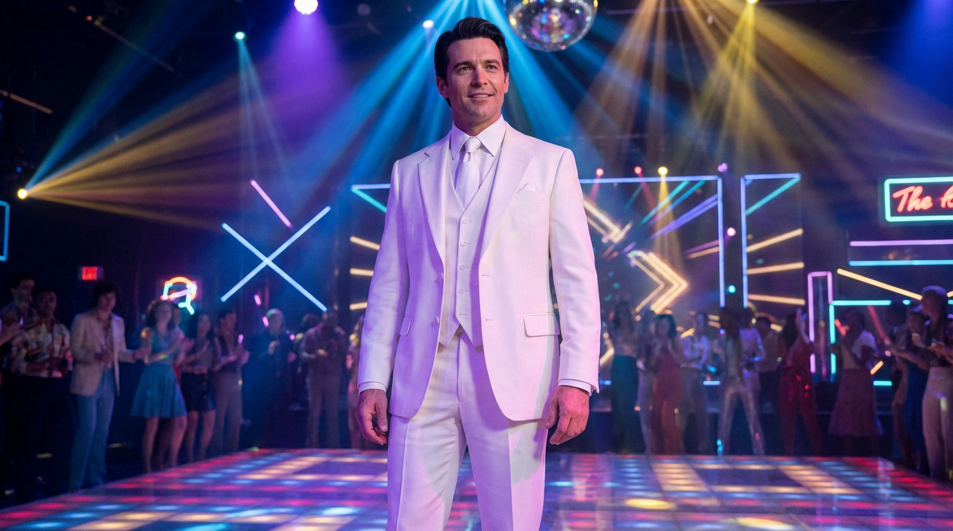 Un homme souriant en costume blanc, style Joe Dassin, sur une piste de danse disco lumineuse entouré de danseurs flous.