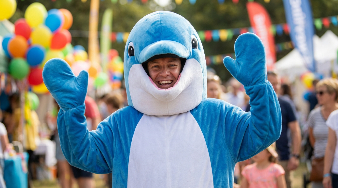 Un homme souriant et joyeux portant un déguisement de dauphin bleu et blanc avec les bras levés lors d'un festival extérieur coloré.