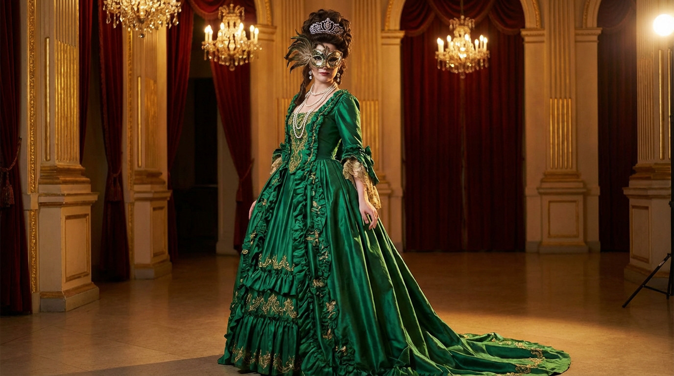 Femme en majestueuse robe de bal verte brodée or, masque doré et tiare, posant dans un salon opulent avec lustres et rideaux rouges.