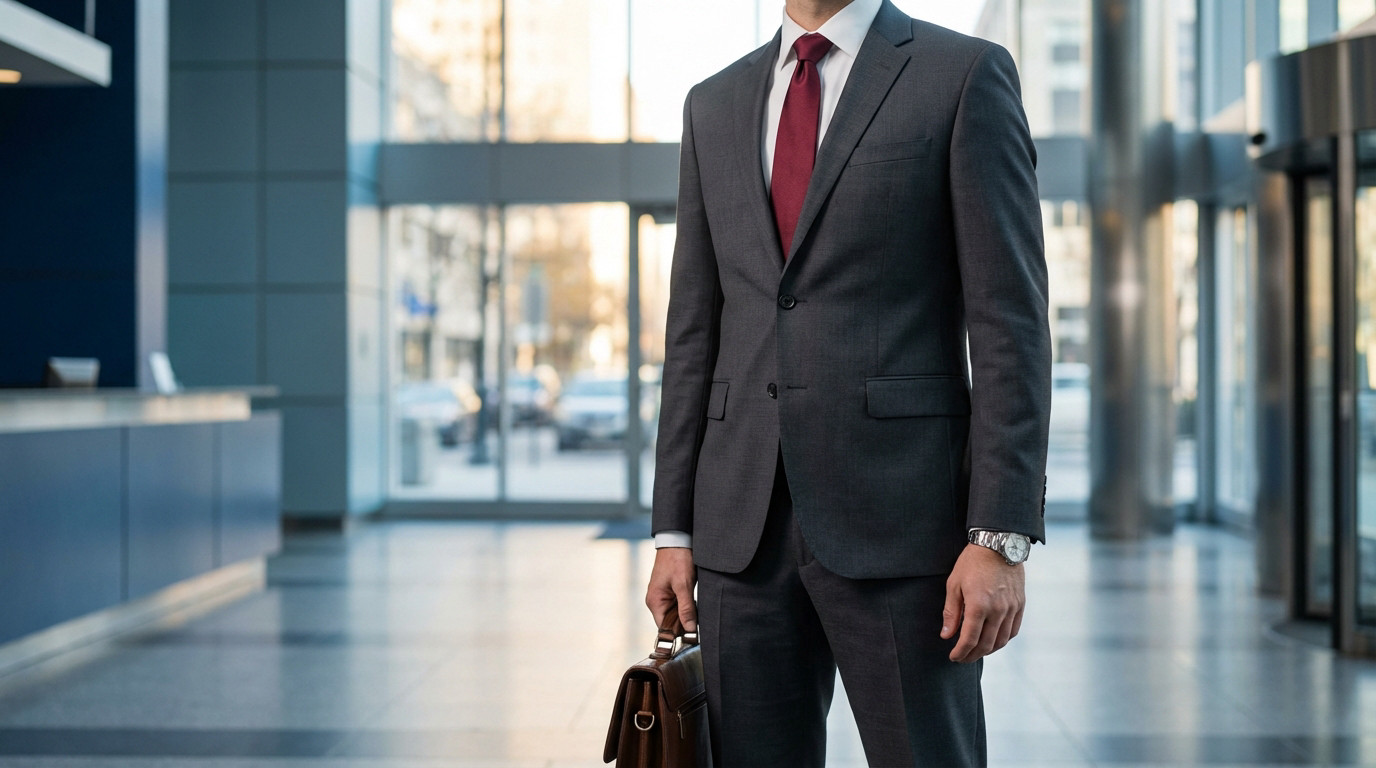 Un homme d'affaires en costume gris avec cravate rouge et mallette en cuir dans un hall de bureau moderne.