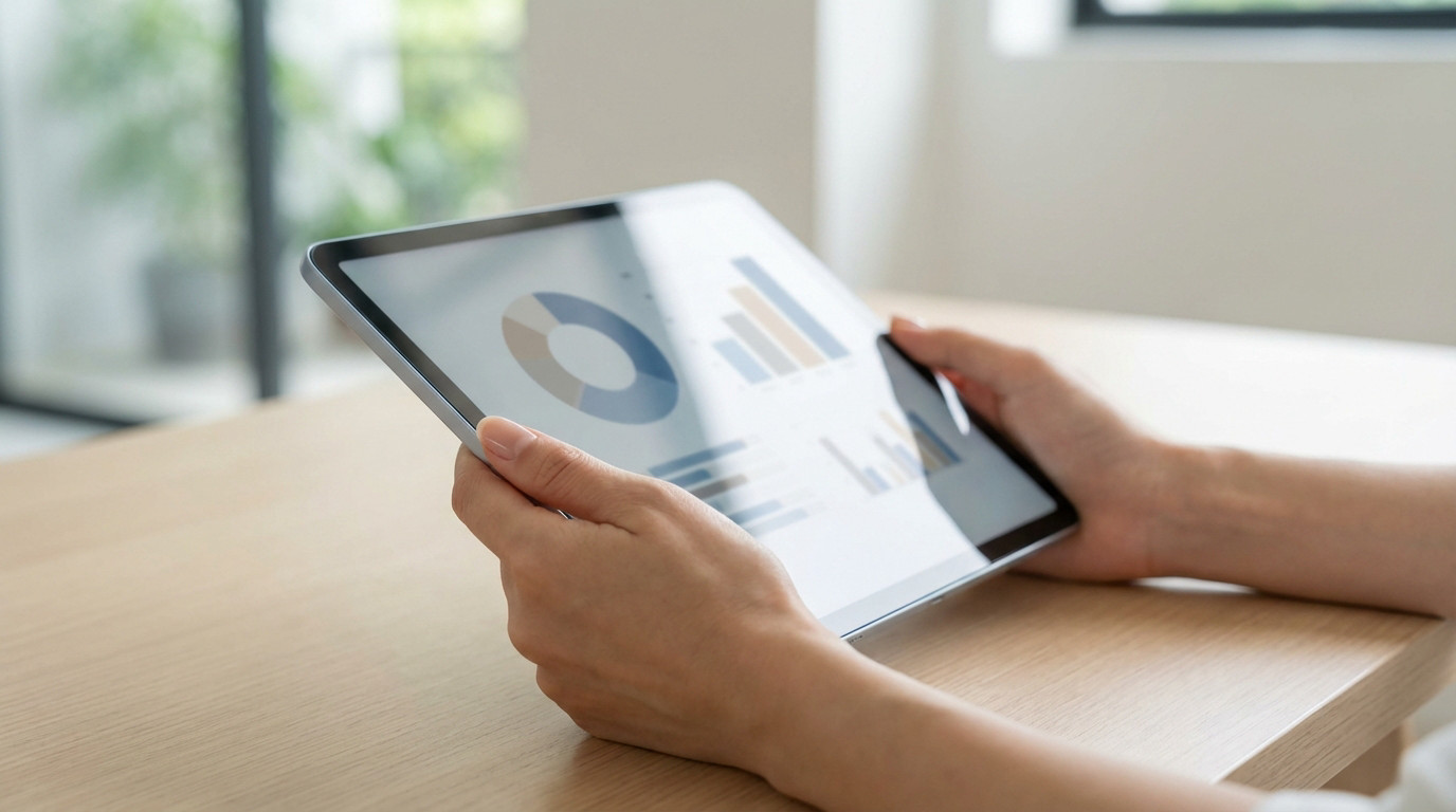 Anonymous hands hold a tablet showing abstract financial charts (pie, bar graphs) on a light desk in a modern, well-lit interior.