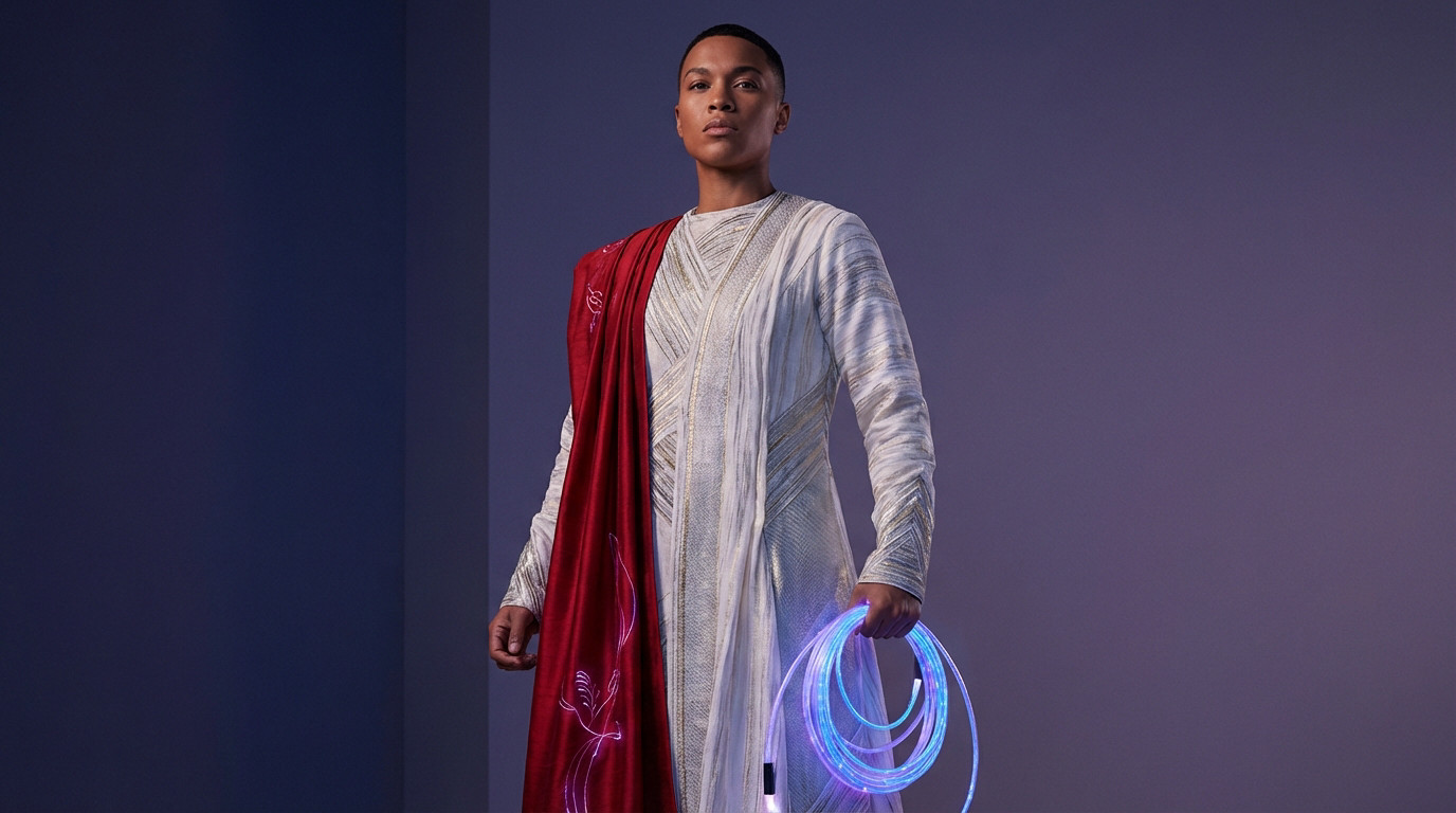 Personne en costume Ulysse 31. Toge blanche futuriste, drapé rouge, et une bobine de fibres optiques lumineuses bleues.