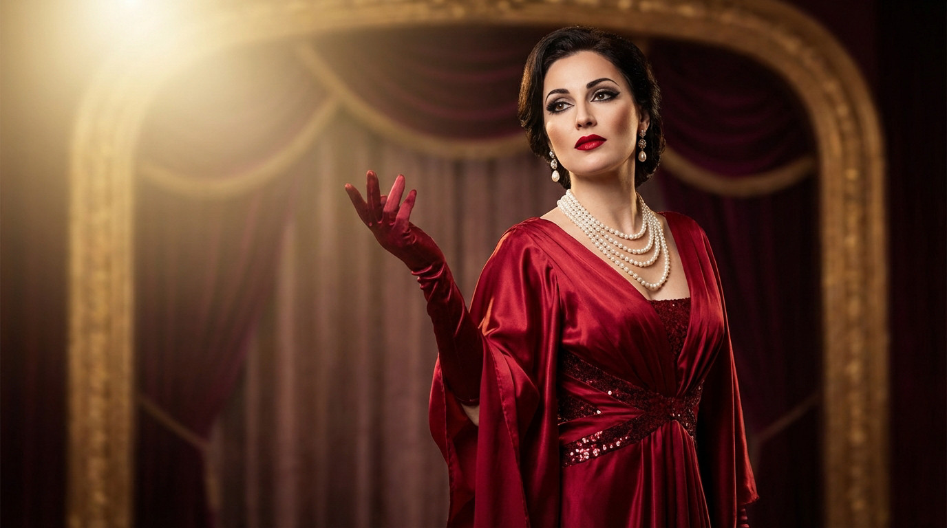 Déguisement Castafiore : la diva sous les projecteurs Femme glamour en robe rouge satinée, gants longs et perles, posant comme une diva sur scène devant des rideaux rouges.