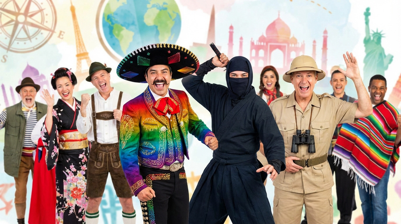 Huit personnes souriantes en costumes traditionnels variés (mariachi, kimono, safari, ninja) devant des icônes mondiales.