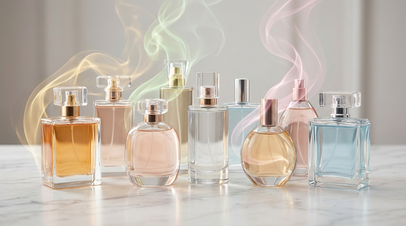 Elegant unbranded perfume bottles of varied shapes and colors on polished white marble, with ethereal golden, green, and pink scent wisps.