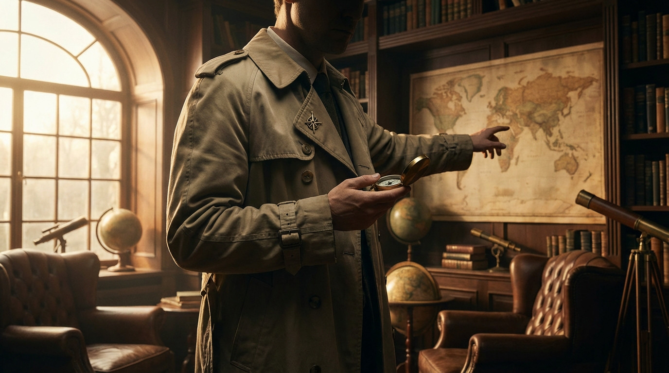 Personne en trench-coat, boussole en main, désignant une carte du monde dans un bureau chaleureux avec livres et globes.