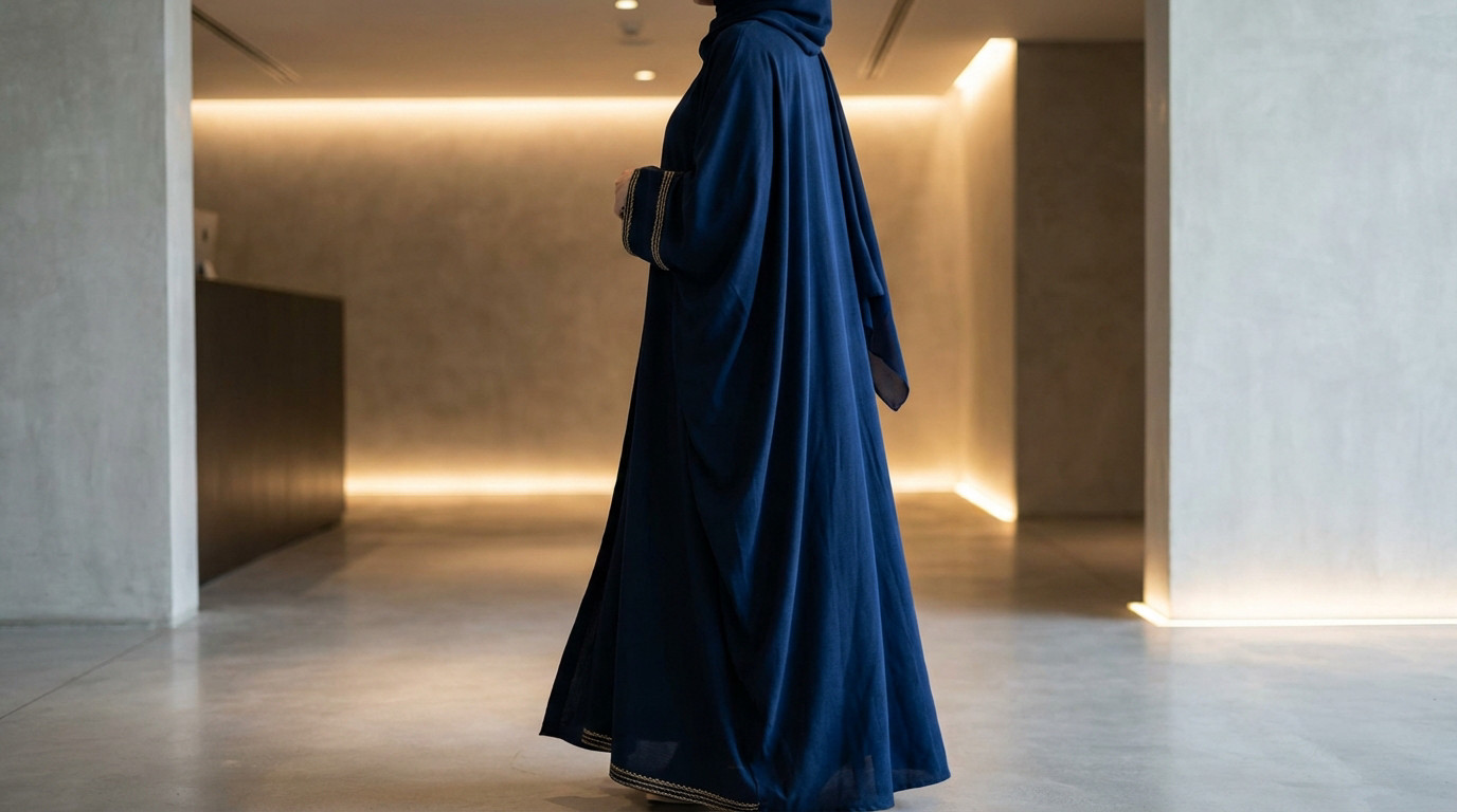 Midnight Blue Abaya: Modern Elegance Anonymous figure in a luxurious, flowing midnight blue Nidha abaya with gold embroidery, standing in a modern, warmly lit interior.