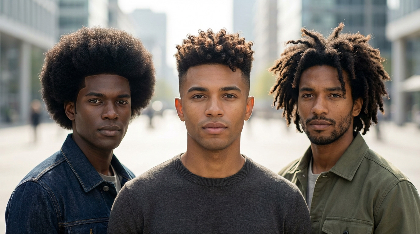 Three diverse men in an urban setting, showcasing distinct modern afro hairstyles: a voluminous afro, a high fade with curls, and textured twists.