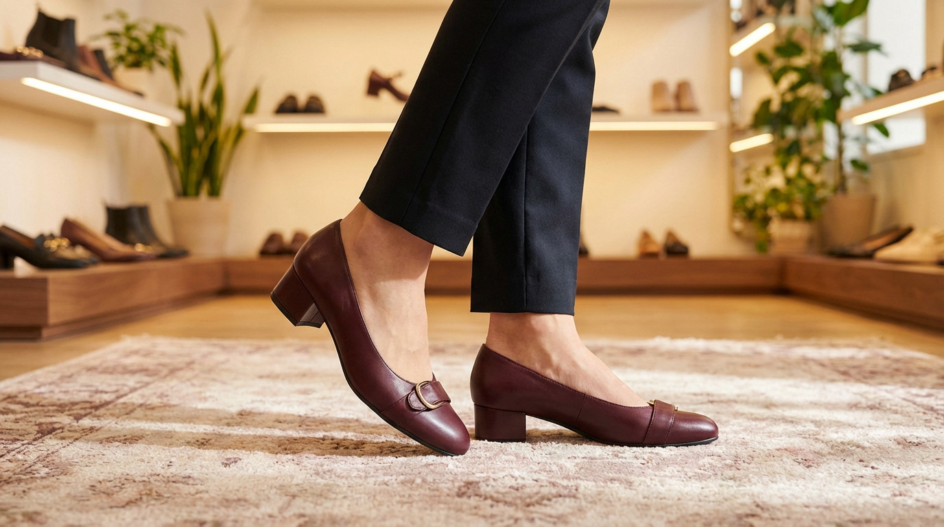 Close-up of a person's feet wearing stylish burgundy leather low block heels with a gold buckle in a bright shoe boutique.