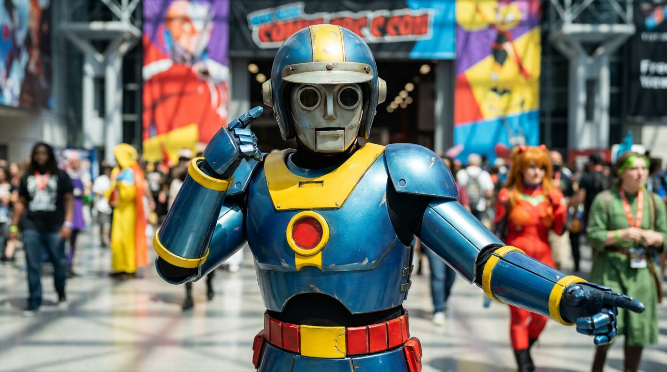 Cosplay détaillé de Nono le petit robot (Ulysse 31) bleu et jaune, visage vintage, posant en convention parmi d'autres cosplayers.