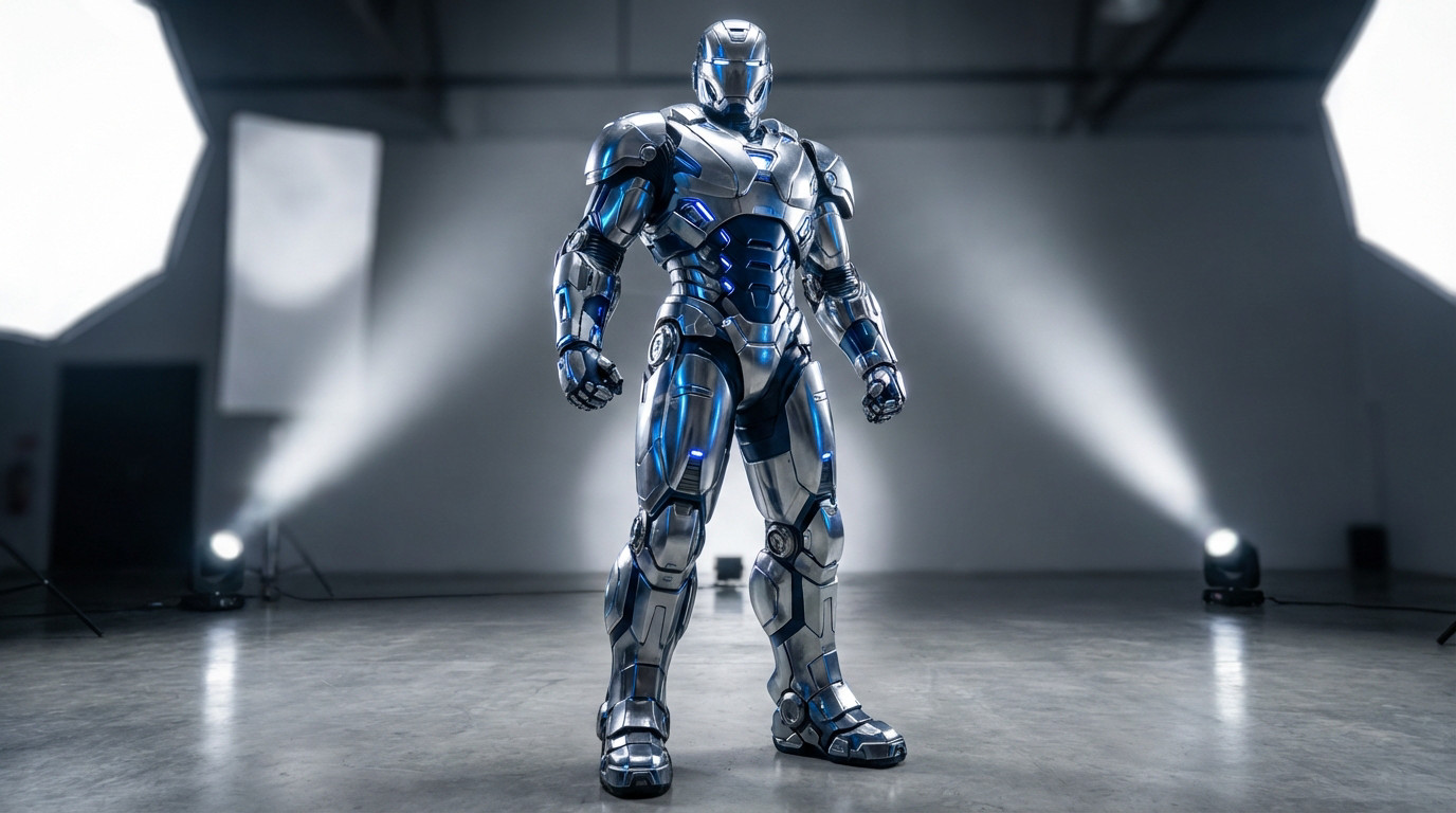 Une armure Robocop futuriste et chromée avec des accents bleus lumineux posant dans un studio de photographie.