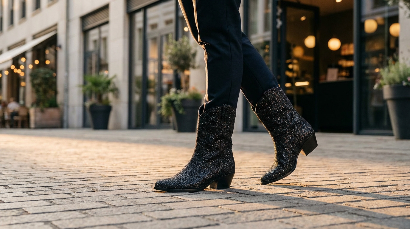 Black glitter cowboy boots with pointed toes and 5cm heels, worn on a stylish urban street at golden hour, sparkling.