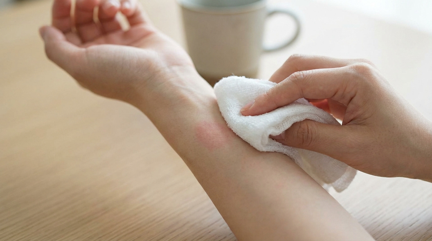 A hand gently applies a white damp cloth to a forearm with a small, mild red skin irritation, indicative of a potential laser burn.