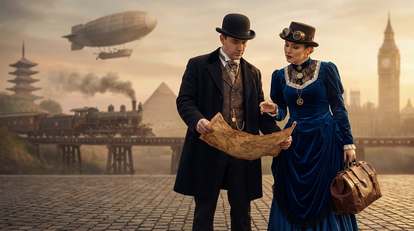 Voyage Steampunk: L’aventure autour du monde Couple steampunk en costumes victoriens explorant une carte. En arrière-plan : dirigeable, train, pyramide, pagode et Big Ben.