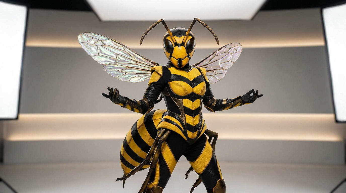 Déguisement de frelon jaune et noir très détaillé, avec tête d'insecte, antennes, ailes translucides et corps rayé.