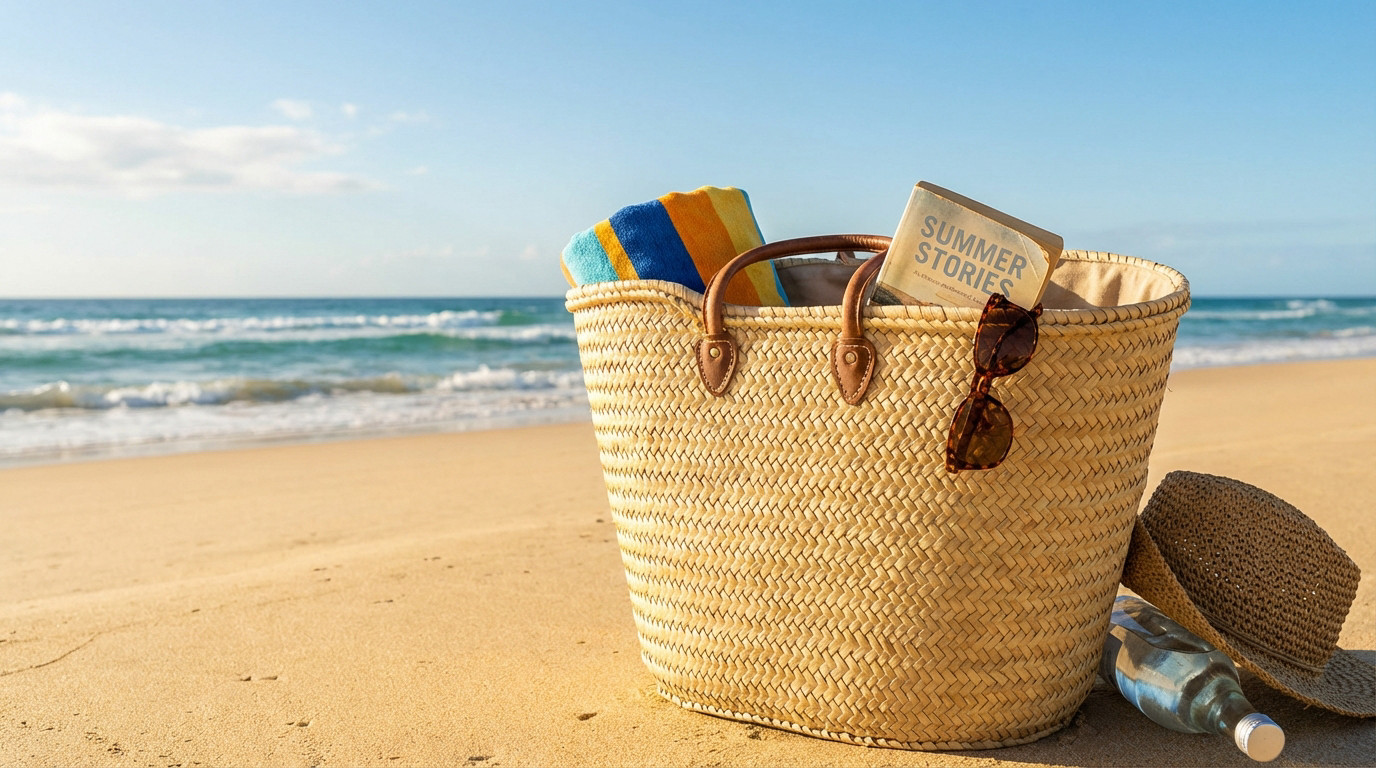 Summer Stories by the Sea Wicker beach basket with towel, "Summer Stories" book, sunglasses, hat, and water bottle on a sunny beach. Blurred ocean waves.