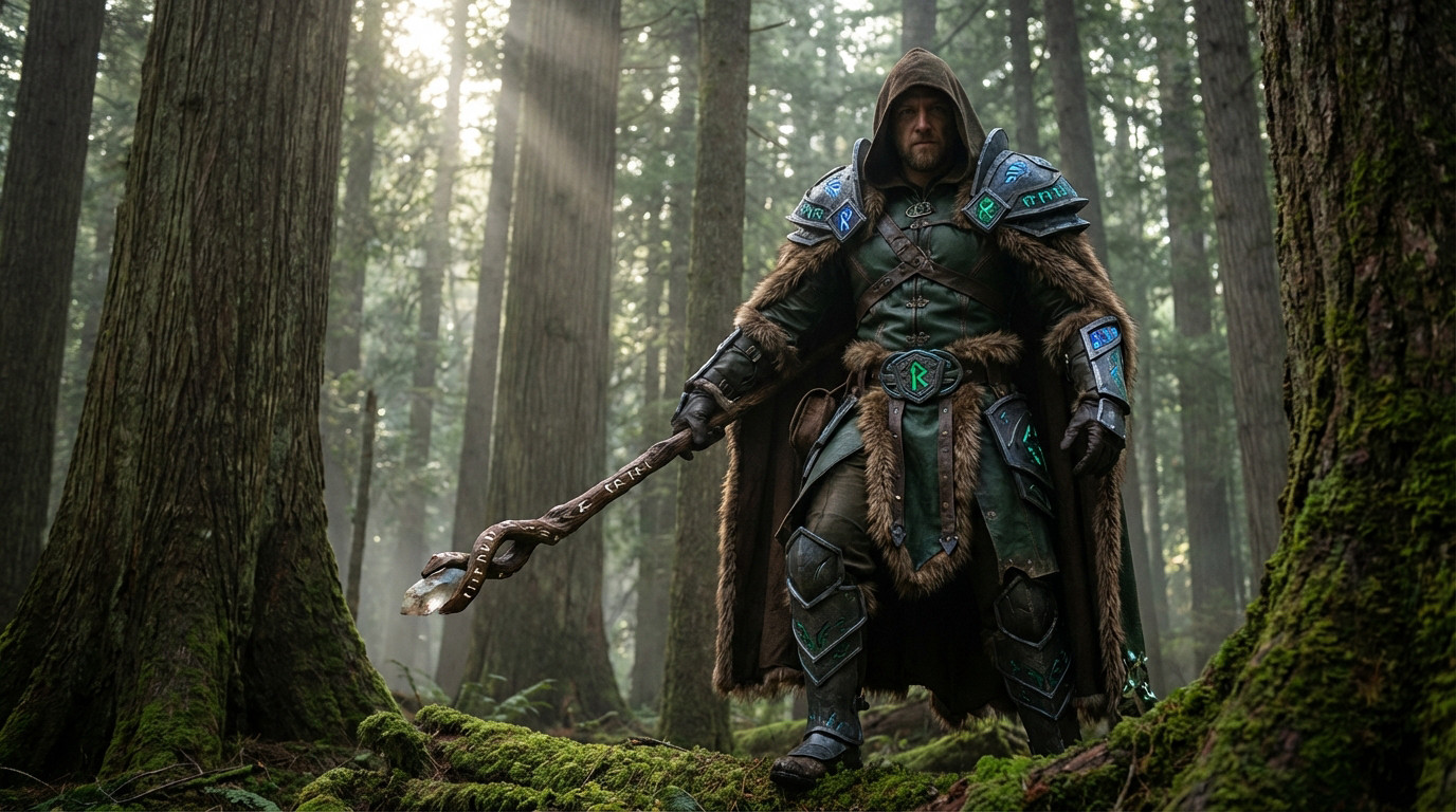 Un homme en costume de chasseur de troll, avec capuche, fourrure et bâton lumineux, se dresse dans une forêt brumeuse et mystique.