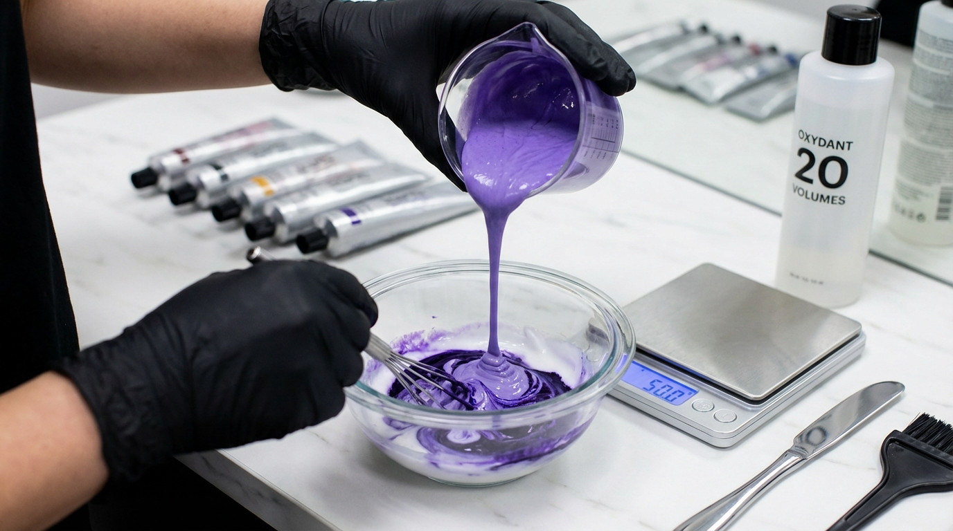Gloved hands precisely mix vibrant purple hair dye and developer in a clear bowl on a white counter. A scale, oxidant bottle, and dye tubes are visible.