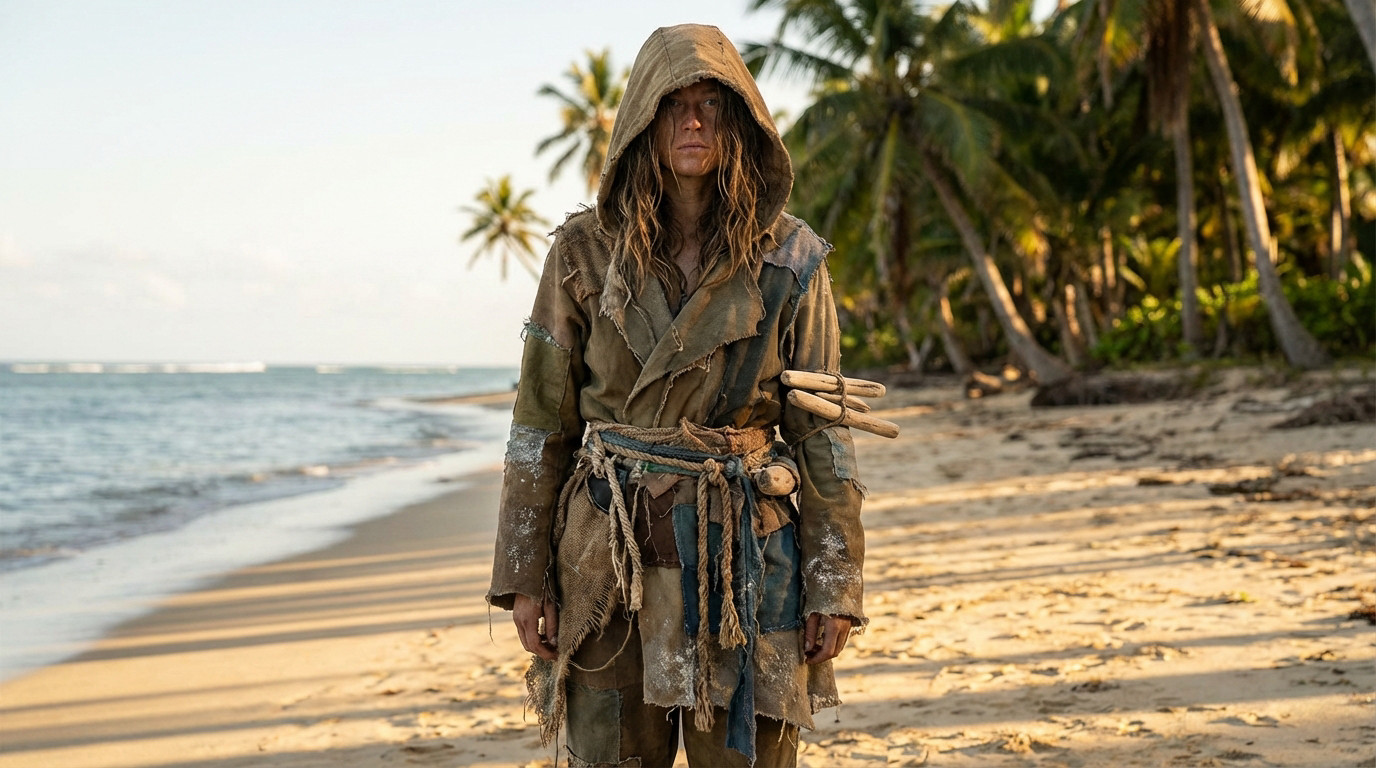 Portrait d'une femme en tenue de naufragée (tissu usé, capuche, cordes) sur une plage de sable doré bordée de palmiers et l'océan.