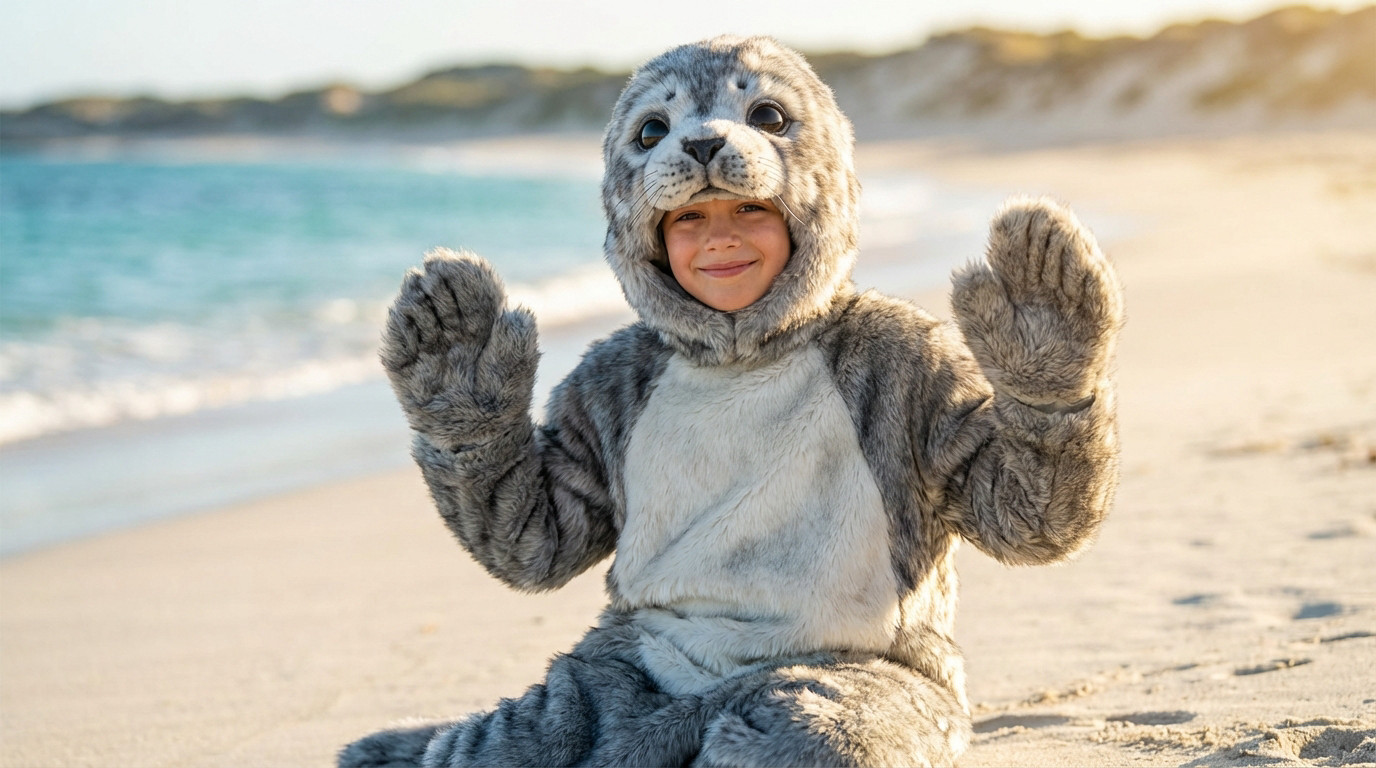 Enfant souriant dans un déguisement de phoque gris et blanc, assis sur une plage de sable fin devant l'océan turquoise.